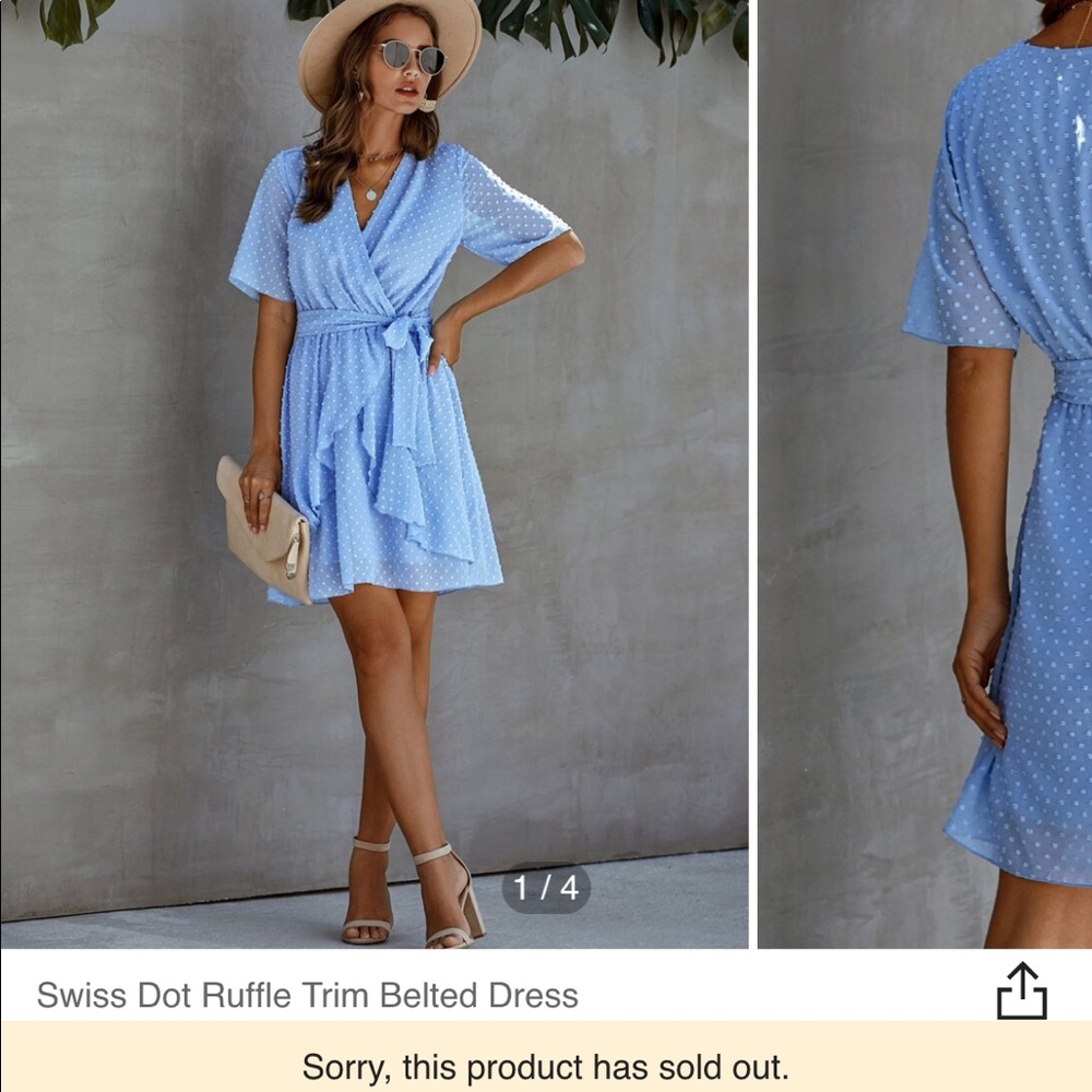 shein blue swiss dot ruffle trim belted dress